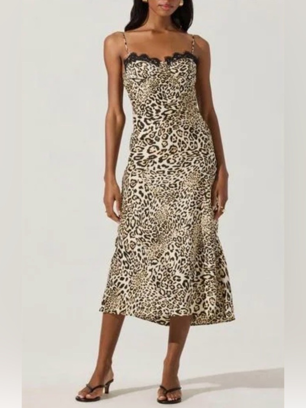Astr Leopard-Print Midi Slip Dress with Black Lace Trim